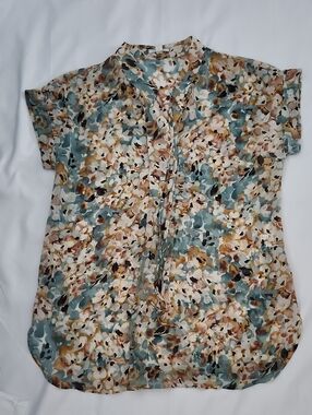 Pleione Sheer Floral V-Neck Blouse in Teal, Beige and Brown